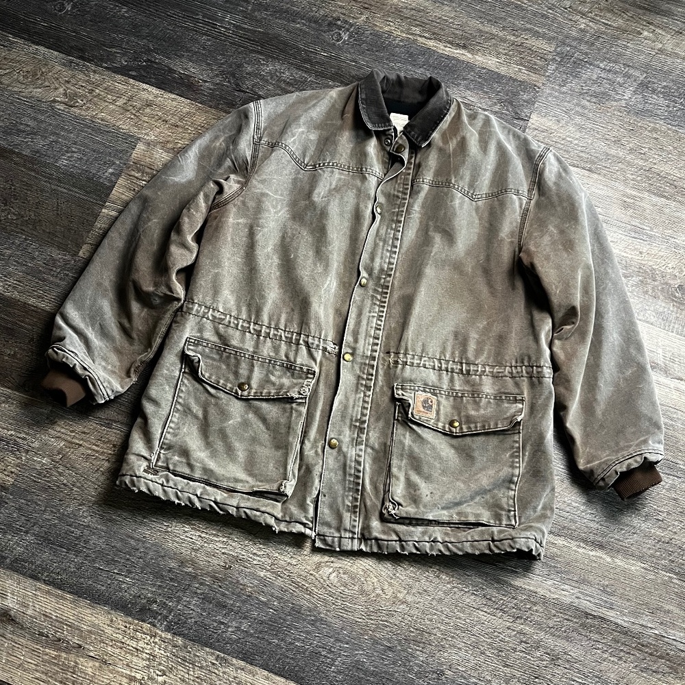 Vintage Carhartt Jacket Size Large Grey Barn Coat Chore 90's Outdoors Full Zip